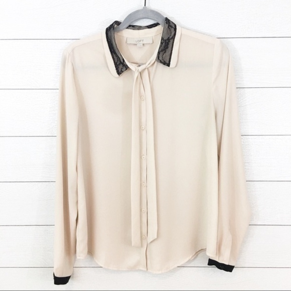Loft Tie Neck Lace Detail Long Sleeve Blouse
